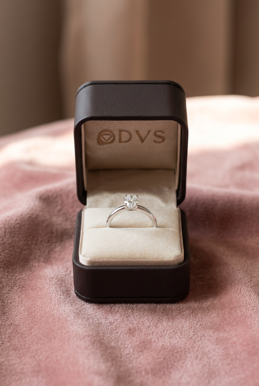 DVS Diamonds oval tektaş pırlanta yüzük, krem içli kahverengi DVS kutusunda