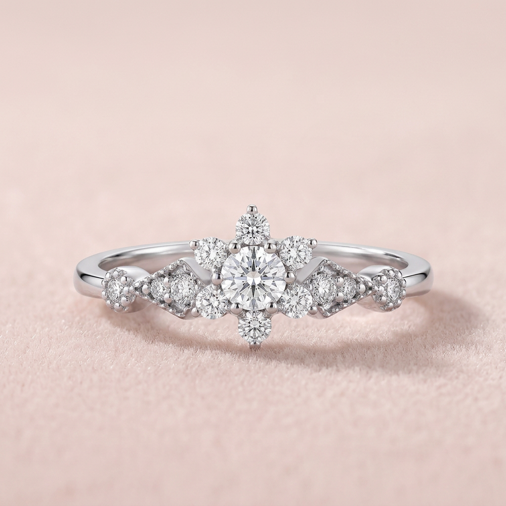 DVS Diamonds Lotus pırlanta yüzük, yumuşak ışıklı pudra pembe zeminde