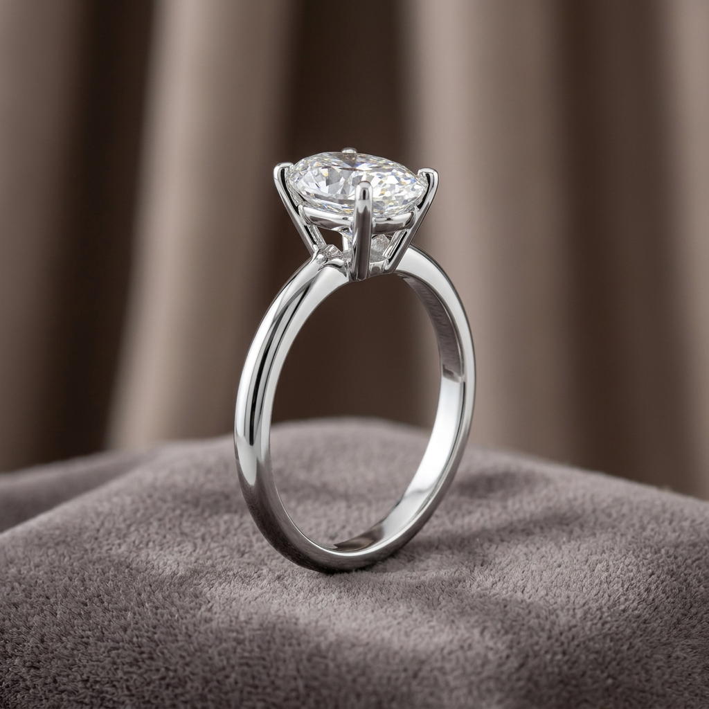 DVS Diamonds DVSR0047 oval tektaş pırlanta yüzük, taupe zeminde yakın plan