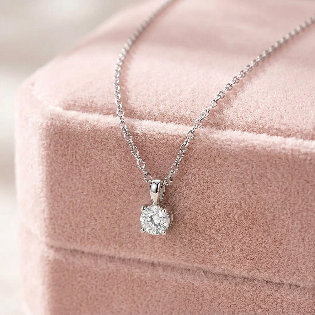 DVS Diamonds DVSE0068 pırlanta gümüş kolye, pudra pembe kadife üzerinde