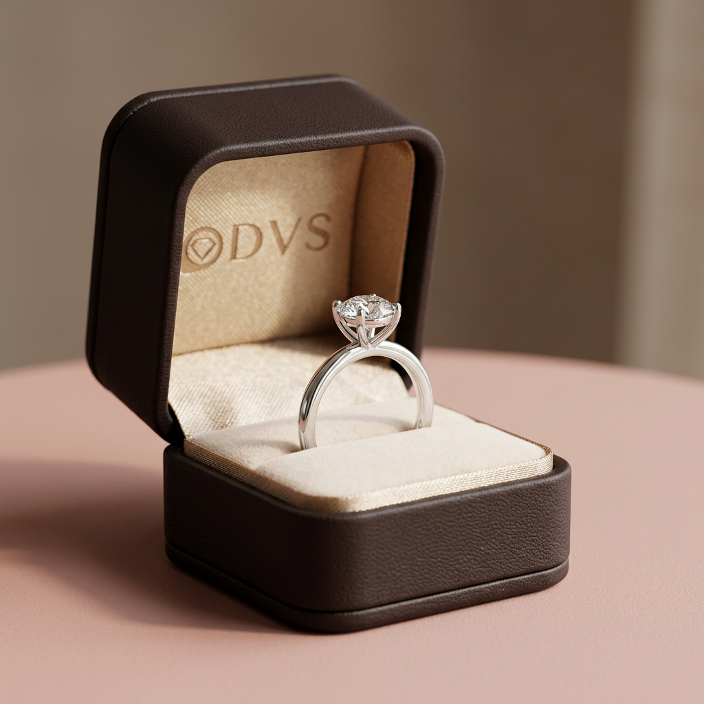 DVS Diamonds 0.80 karat beyaz altın tektaş pırlanta yüzük, krem içli koyu kahverengi DVS kutusunda