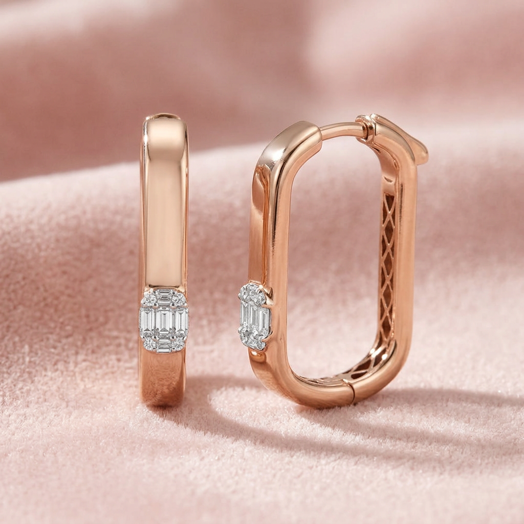 DVS Diamonds DVSE0066 baget pırlanta küpe, pudra pembe kadife üzerinde