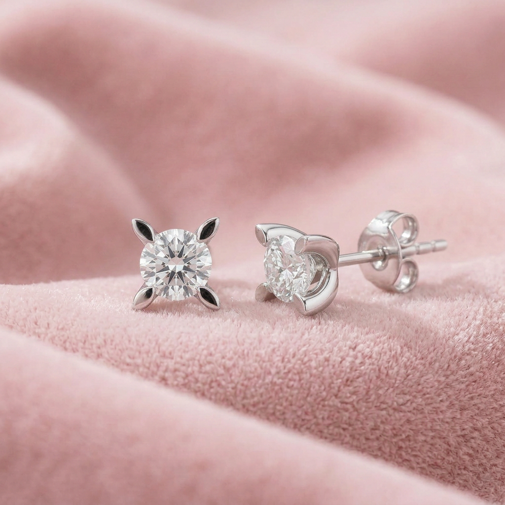 DVS0069 tektaş pırlanta küpe çifti pembe kadife üzerinde