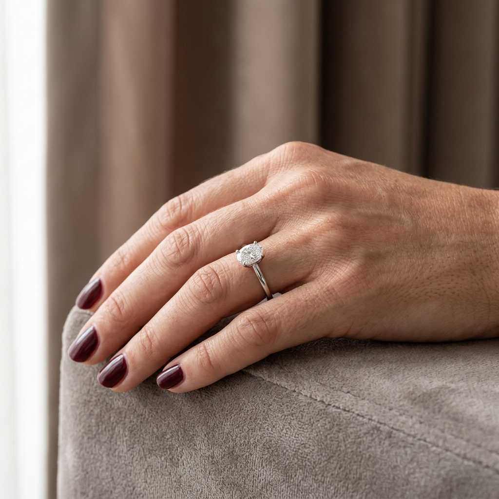 DVS Diamonds DVSR0047 oval tektaş pırlanta yüzük, kadın elinde