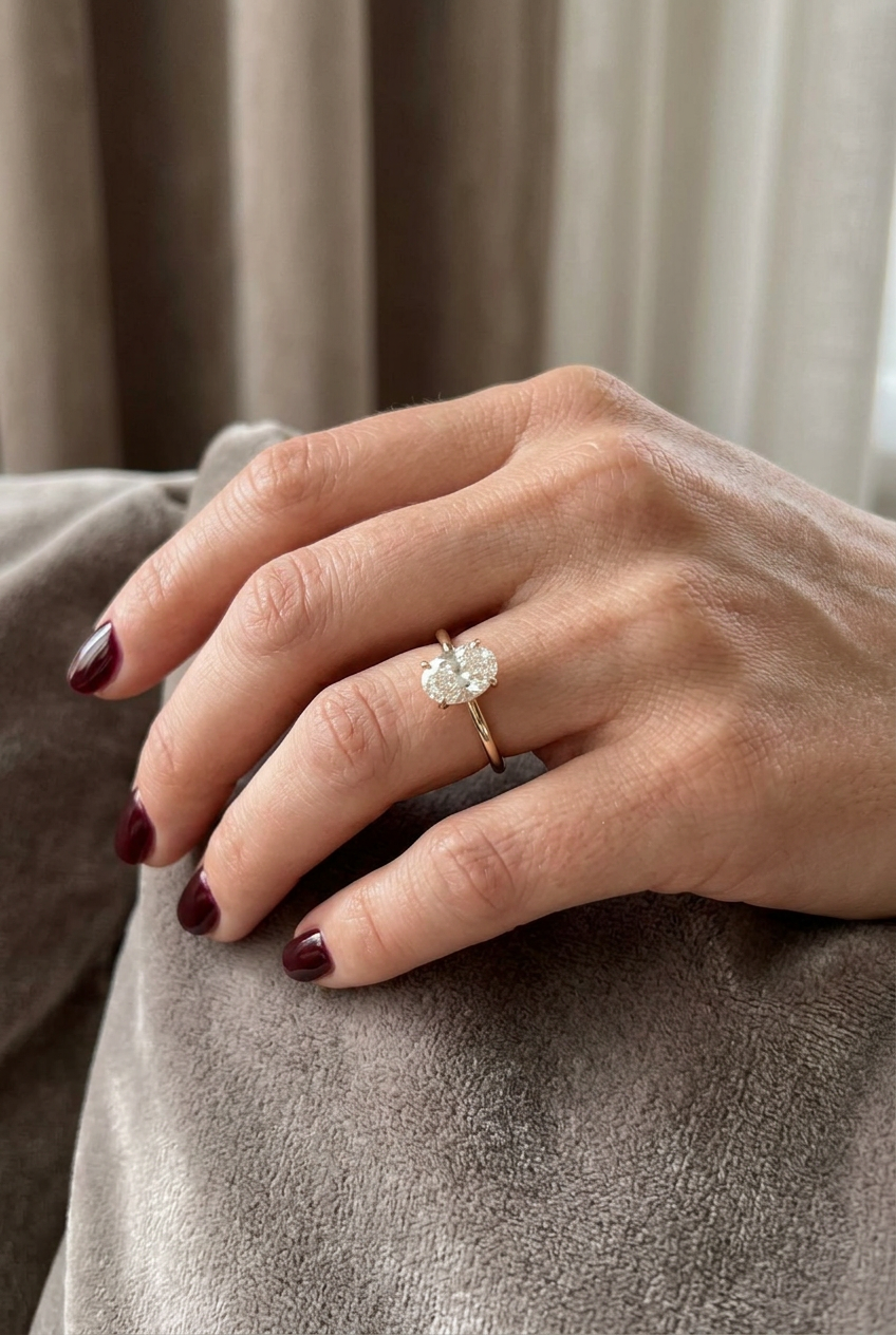 DVS Diamonds oval tektaş yüzük, bordo manikürlü kadın elinde