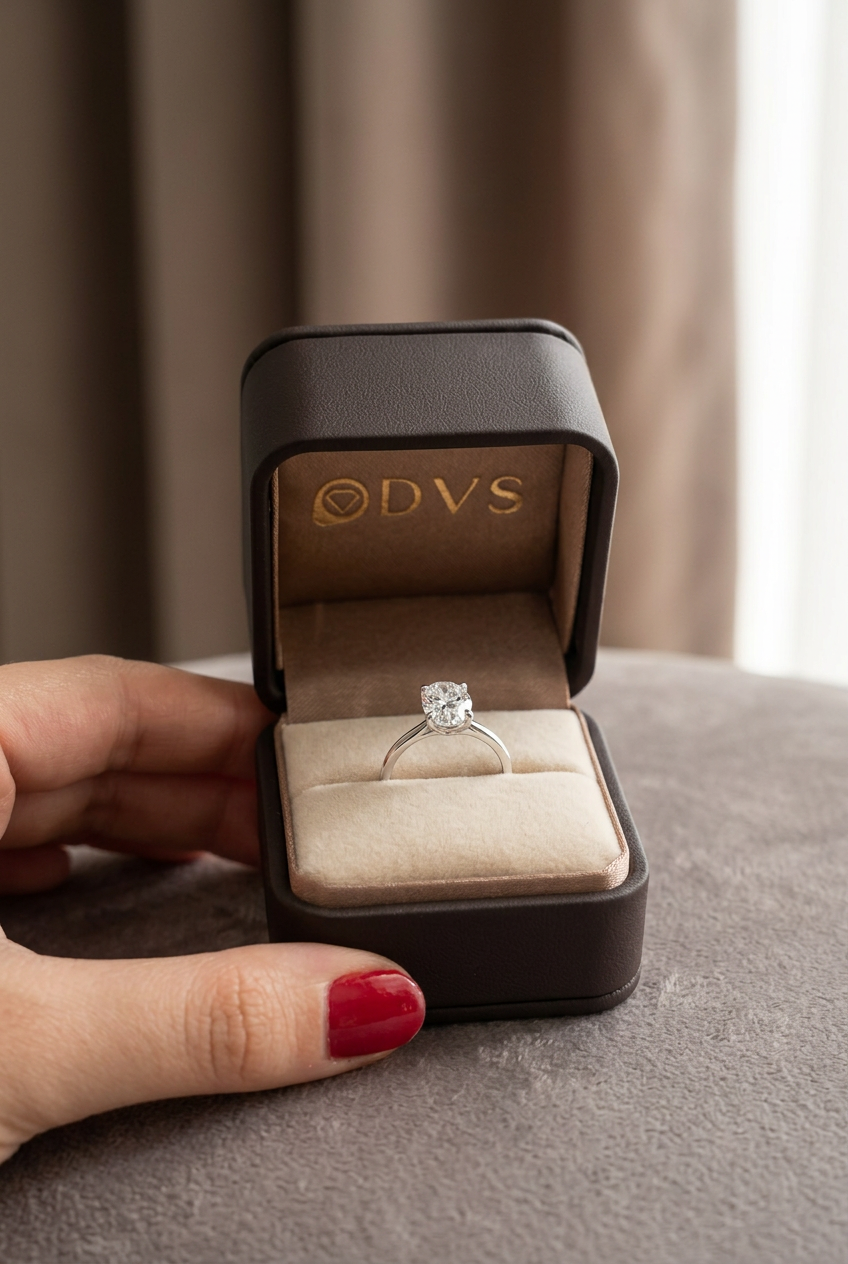 DVS Diamonds DVSR0046 oval tektaş yüzük, DVS sunum kutusunda