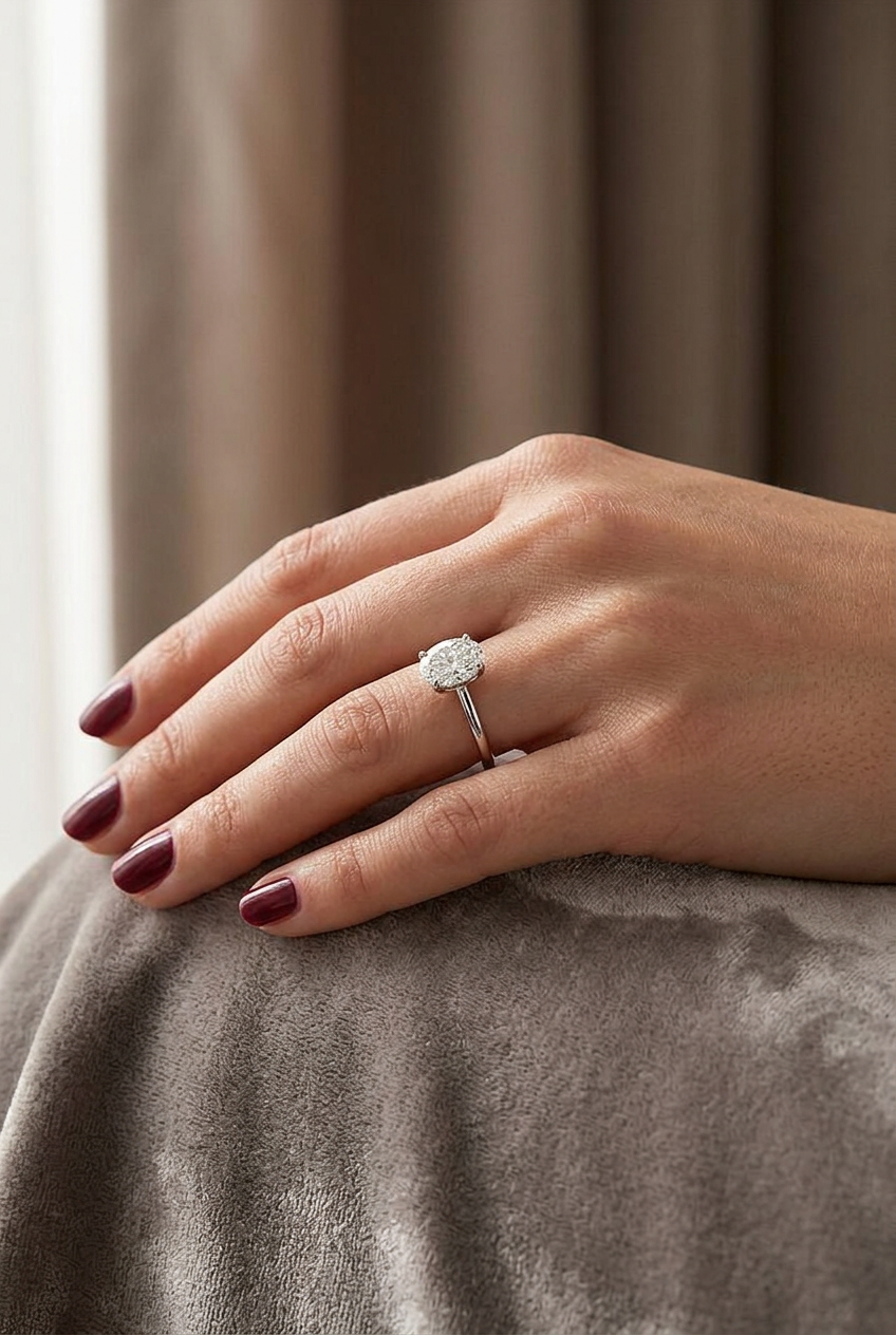 DVS Diamonds DVSR0046 oval tektaş yüzüğün kadın elinde görünümü