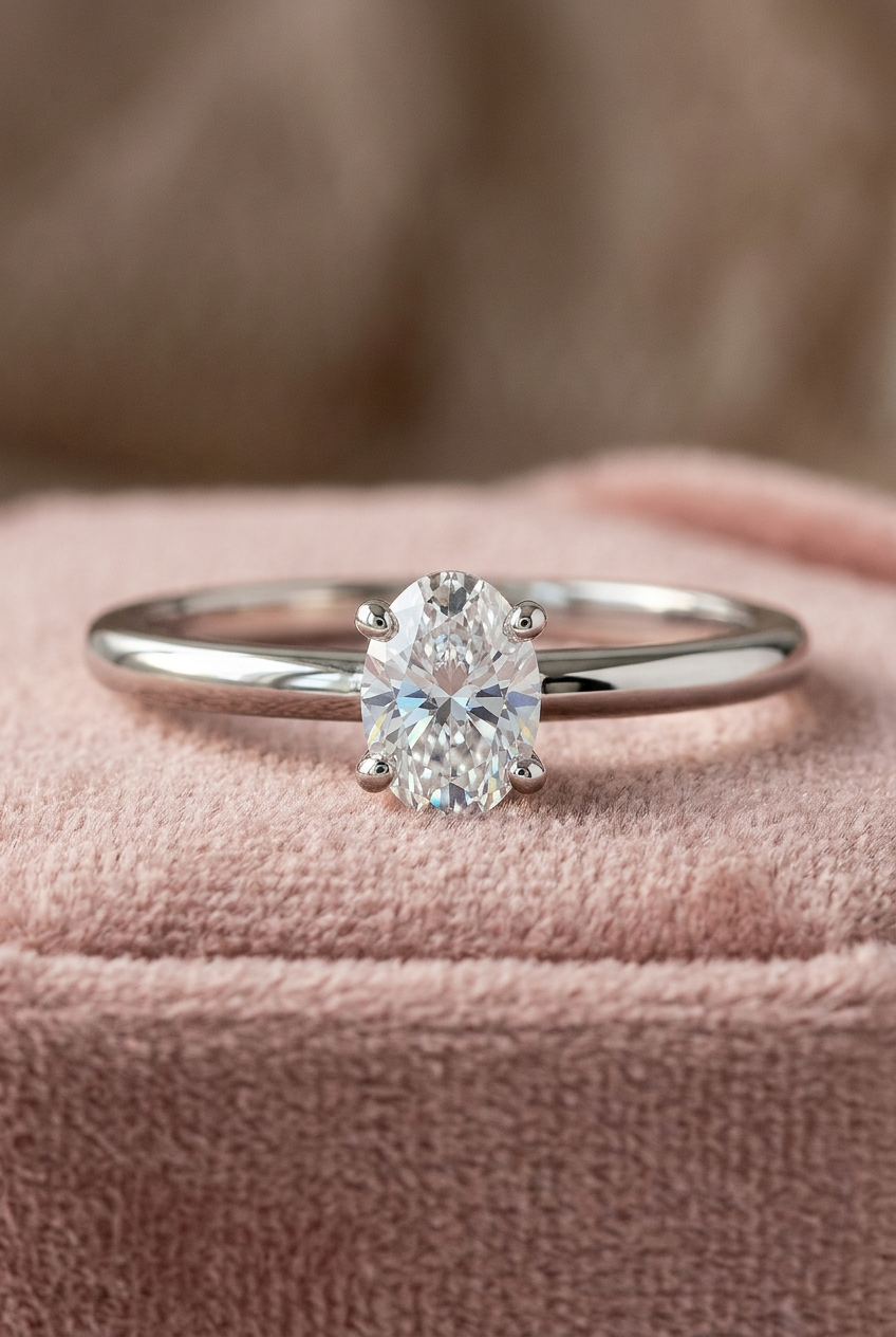 DVS Diamonds 0,40 karat oval tektaş pırlanta yüzük, pembe kadife üzerinde