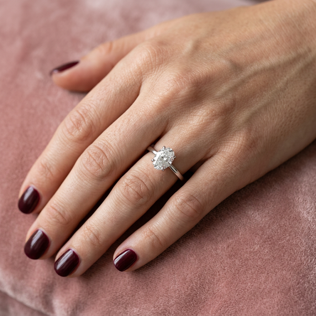 DVS Diamonds 0,90 karat oval tektaş pırlanta yüzük kadın elinde